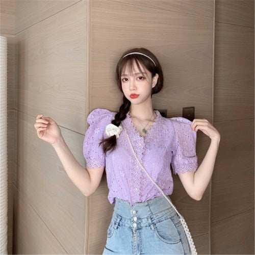 Ladies Lace V-Neck Puff Sleeves