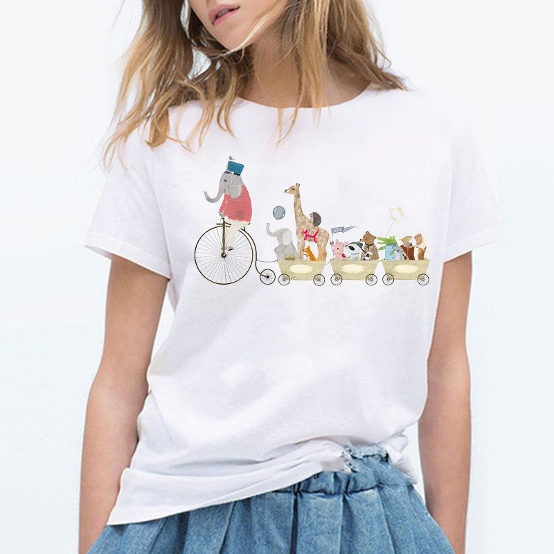 Ladies Cute Cartoon Music Zoo Print Ladies T Shirt