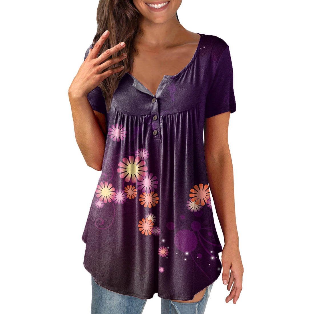 Ladies' Printed Ruffled Pullover Short Sleeve